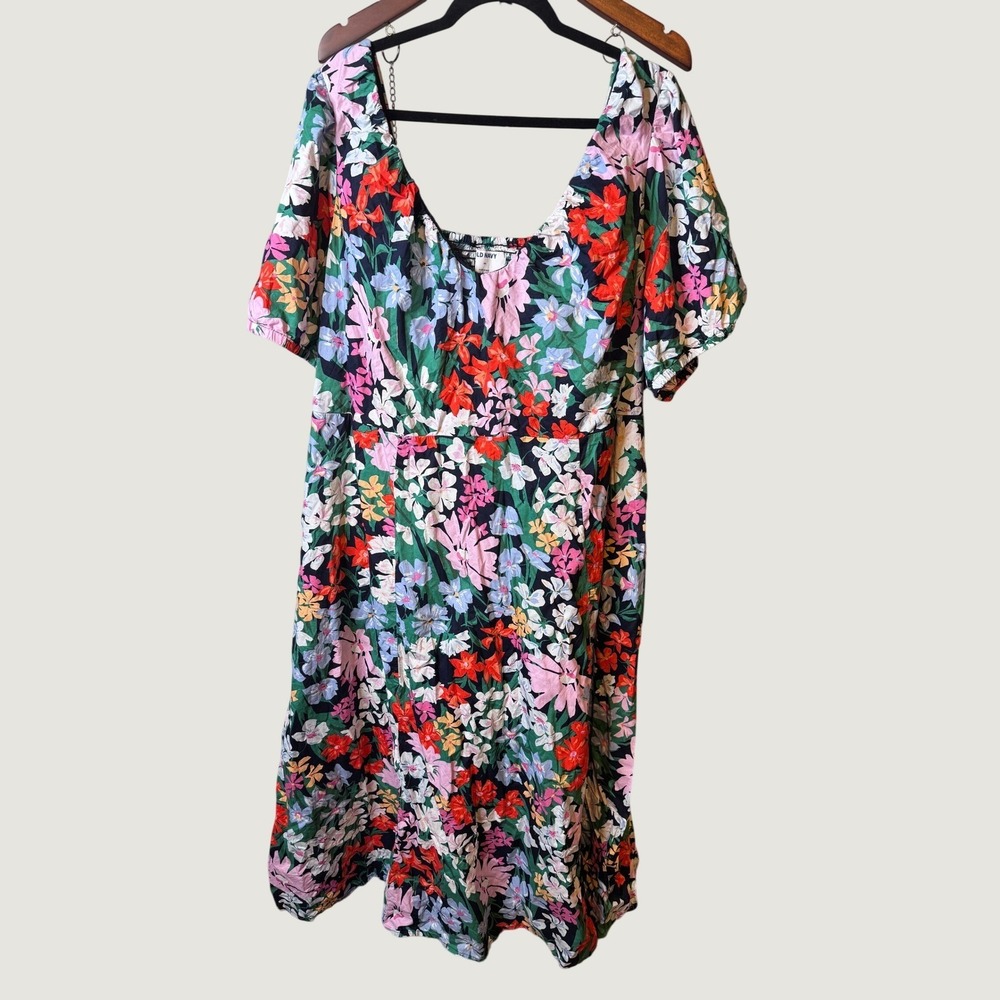 Old Navy Women 4X Floral Midi Dress Sweetheart Neck Smocked Back Pockets Cotton